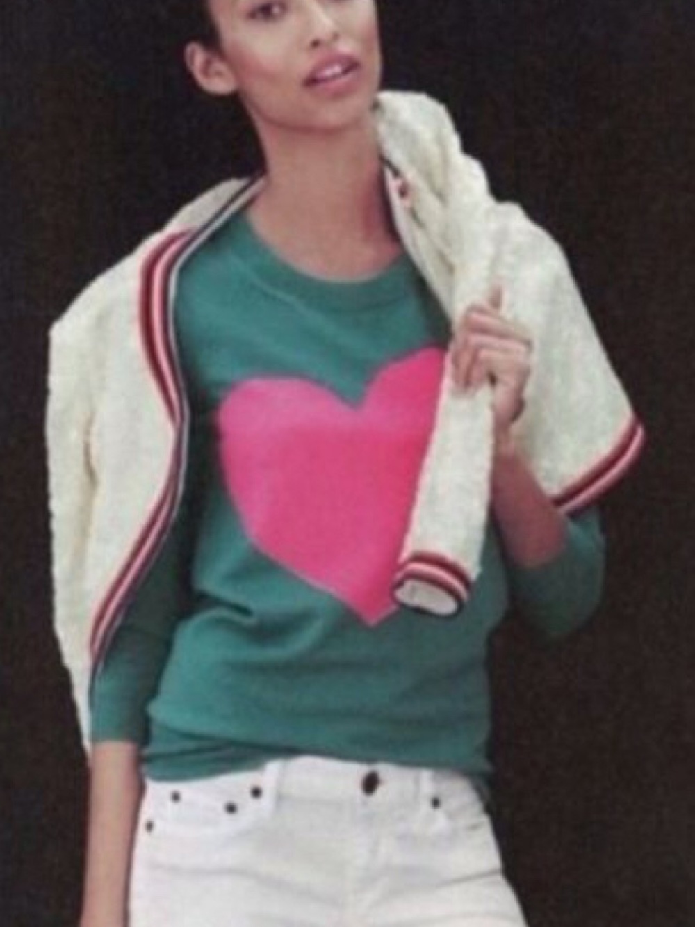 J. Crew Teal Crewneck Merino Wool with Pink Heart Sweater size Large